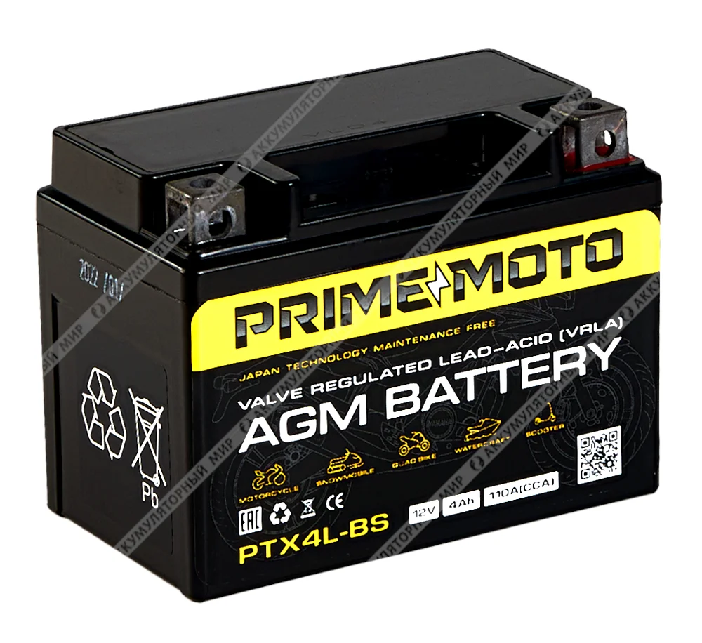 Аккумулятор PRIME MOTO AGM PTX4L-BS 4 Ач о.п. Фото 1