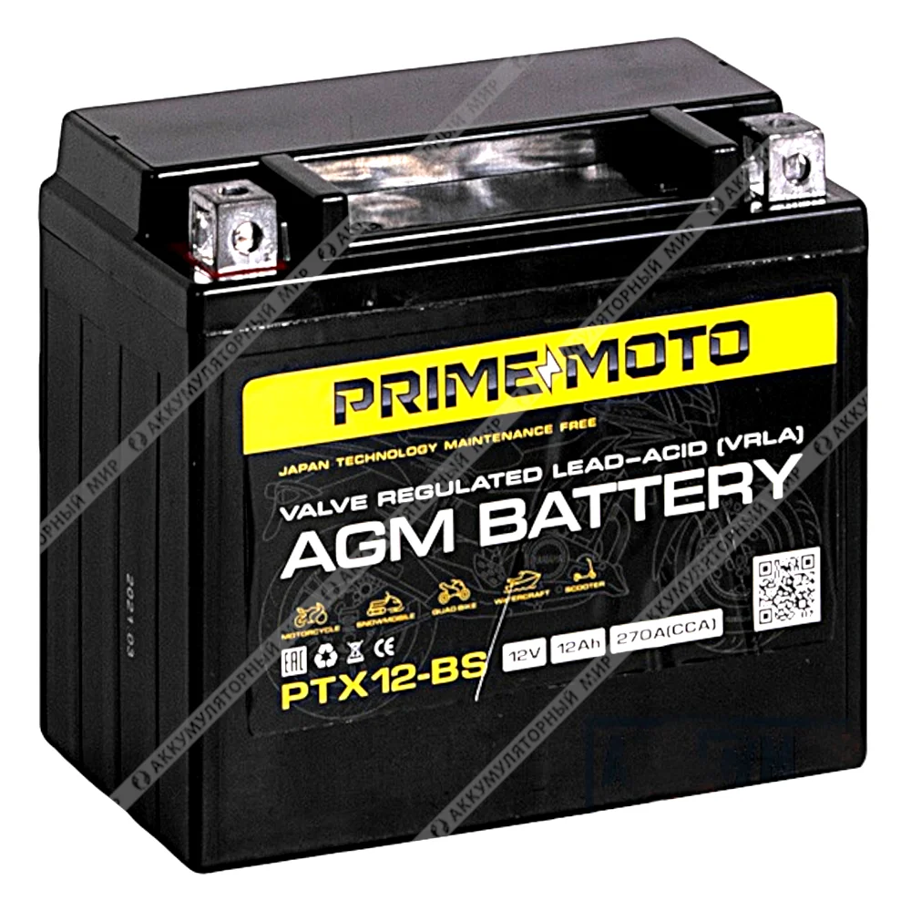 Аккумулятор PRIME MOTO AGM PTX12-BS 12 Ач п.п. Фото 1
