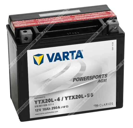 Аккумулятор VARTA Powersports AGM 18 Ач о.п. (YTX20L-BS) 518 901 026 Фото 1
